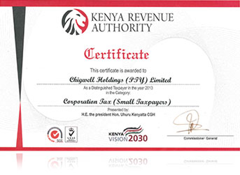 Awarded by Kenya Revenue Authority for being top tax payer in 2013.